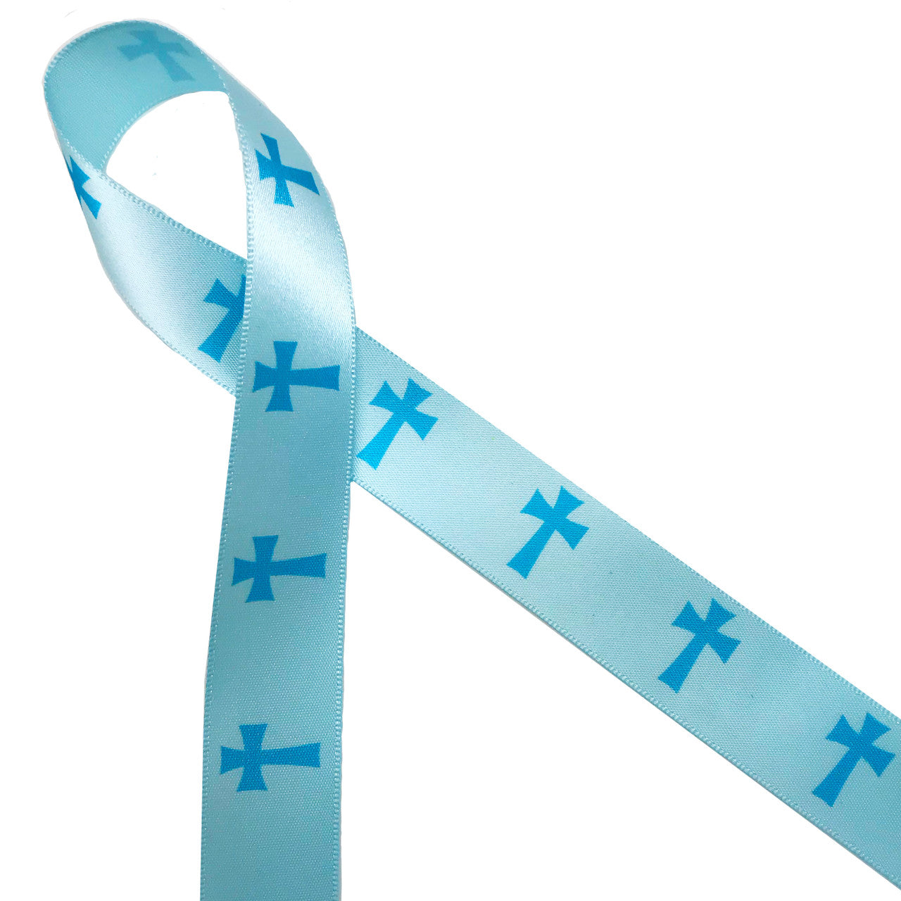 Blue crosses ribbon printed on 5/8 light blue single face satin
